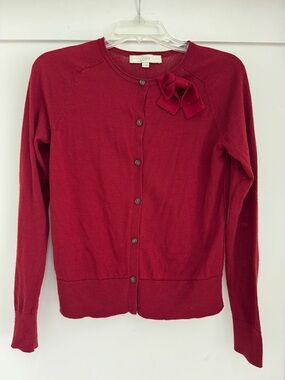 LOFT Deep Red Bow Button-Up Cardigan